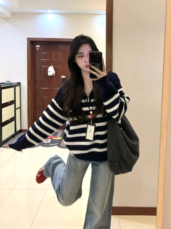 Lazy style striped lapel zipper versatile sweater and sweater