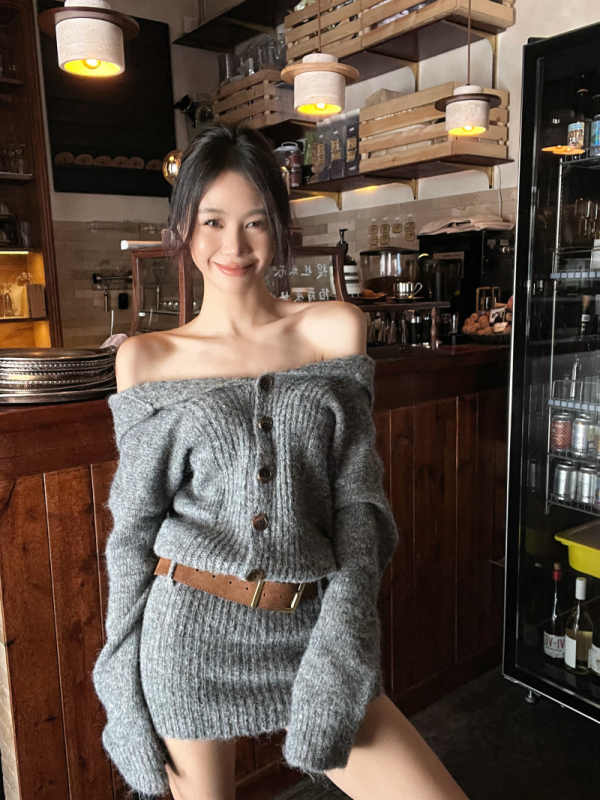 Gray knitted dress navy collar slim fit sweater hip skirt for women
