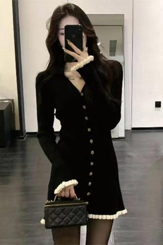 Hot girl temperament black long-sleeved knitted hip-hugging short skirt autumn and winter dress for women