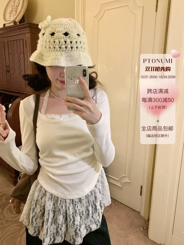 PtonUmi coconut milk puff ballet style fake two-piece lace halterneck sweater for women autumn and winter inner layering shirt