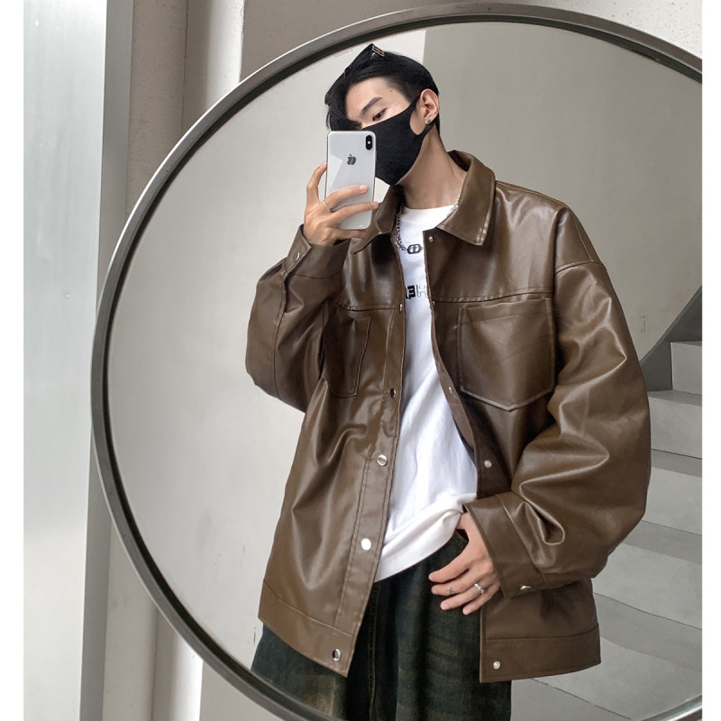 Hong Kong style lapel pu leather fabric leather jacket for men trendy casual loose leather jacket for men