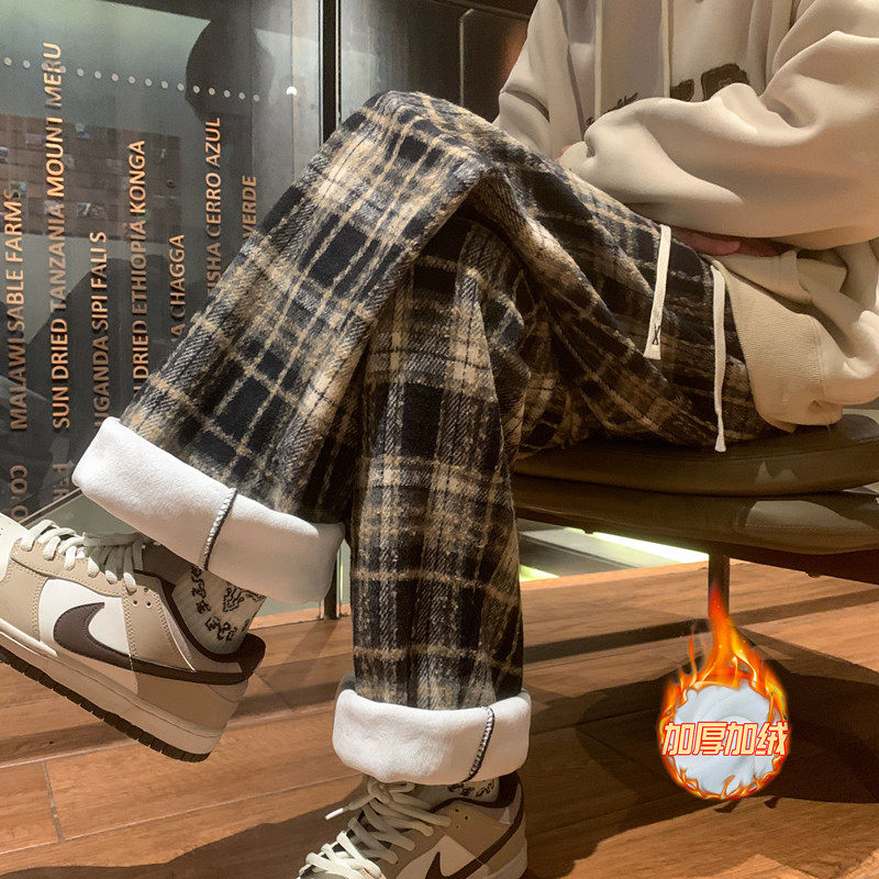 New winter wool plaid plus velvet thickened straight casual trousers