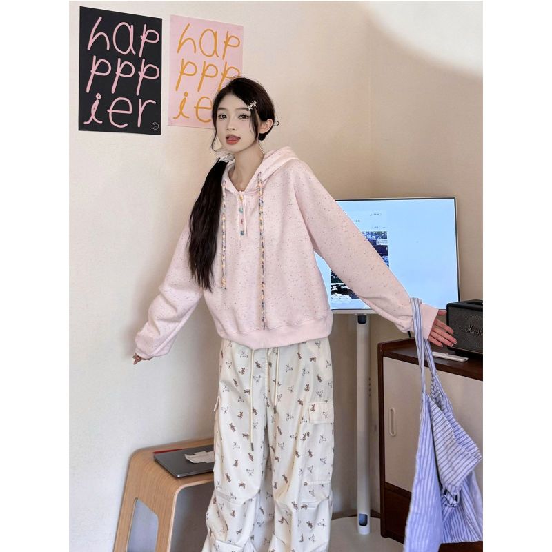 Imitation cotton Chinese cotton composite silver fox velvet lazy style pink hooded sweatshirt sweet age-reducing long-sleeved top