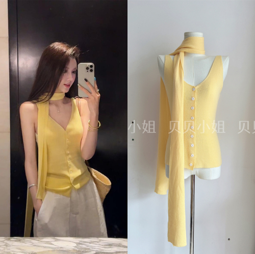 YUJIAHAN design yellow V-neck camisole summer niche slim single-breasted knitted top