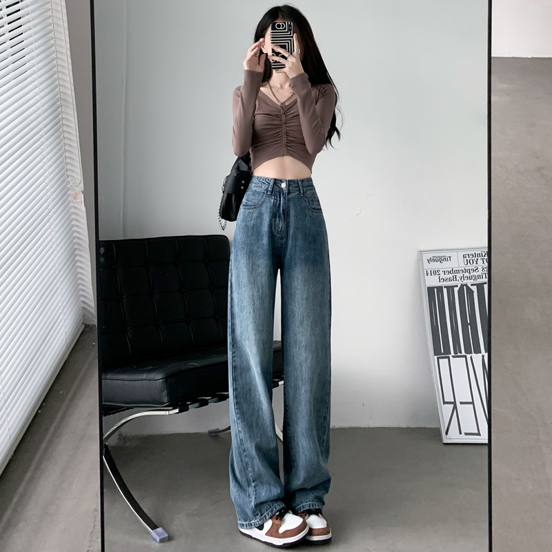 Velvet high-waisted straight jeans for women new style loose drapey wide-leg floor-length pants for small people