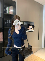 V-neck bottoming shirt women's slim slim lace velvet inner top winter