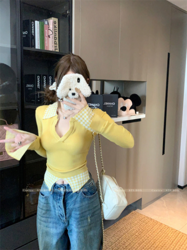 Autumn and winter plaid splicing fake two-piece V-neck sweater for women