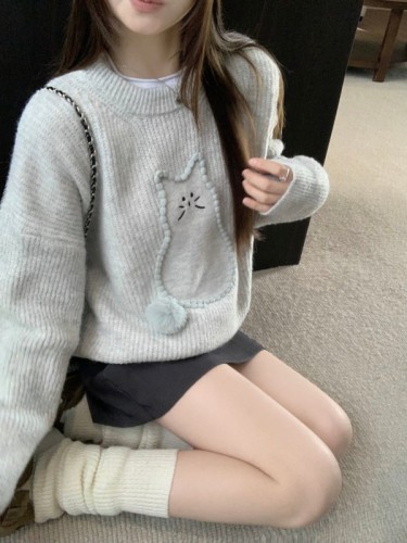 Cat pattern round neck gray sweater autumn and winter loose slimming knitted top for women