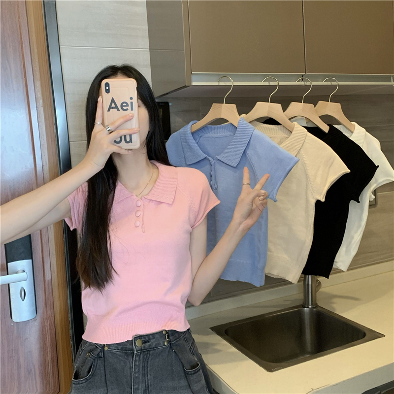 Real shot, real price, elegant lapel, slim fit, versatile short-sleeved sweater, T-shirt top for women