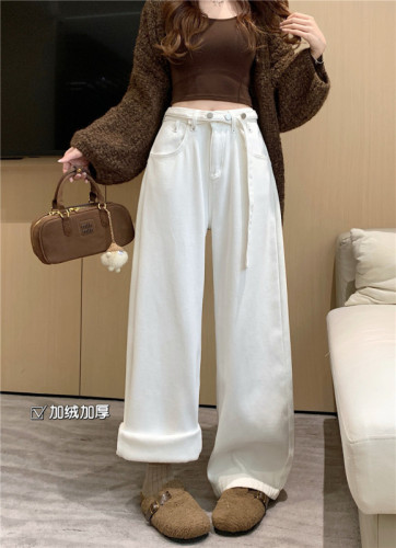 Women's velvet straight-leg pants, Korean style niche design, lace-up, high-waisted, versatile, loose casual jeans