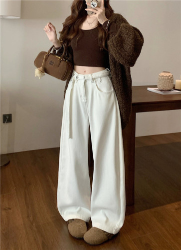 Women's velvet straight-leg pants, Korean style niche design, lace-up, high-waisted, versatile, loose casual jeans