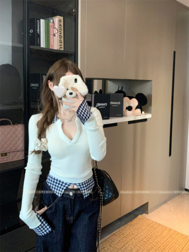 Autumn and winter plaid splicing fake two-piece V-neck sweater for women