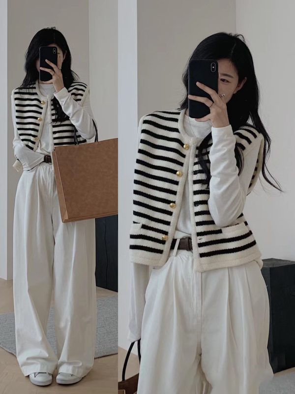 French style striped vest for women spring and autumn thin sleeveless jacket white casual trousers suit