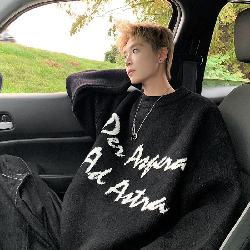 American trendy brand letter jacquard sweater men's autumn and winter loose couple's knitted sweater-