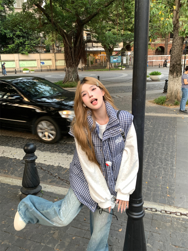 American retro plaid loose cotton vest and layered jacket