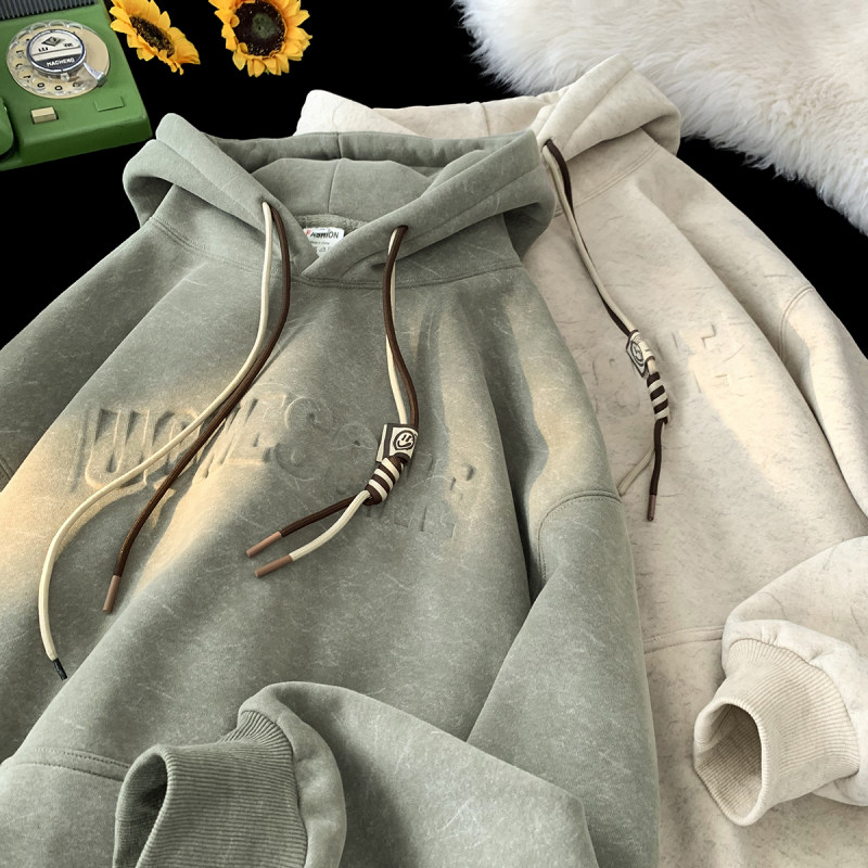 Large size autumn heavy-duty high-quality steel-printed sand-washed distressed hooded sweatshirt