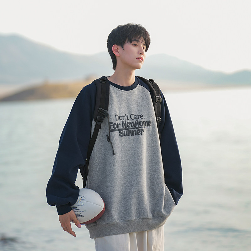 Raglan sleeve sweatshirt men's autumn and winter Japanese style cityboy trendy brand large size loose casual round neck jacket
