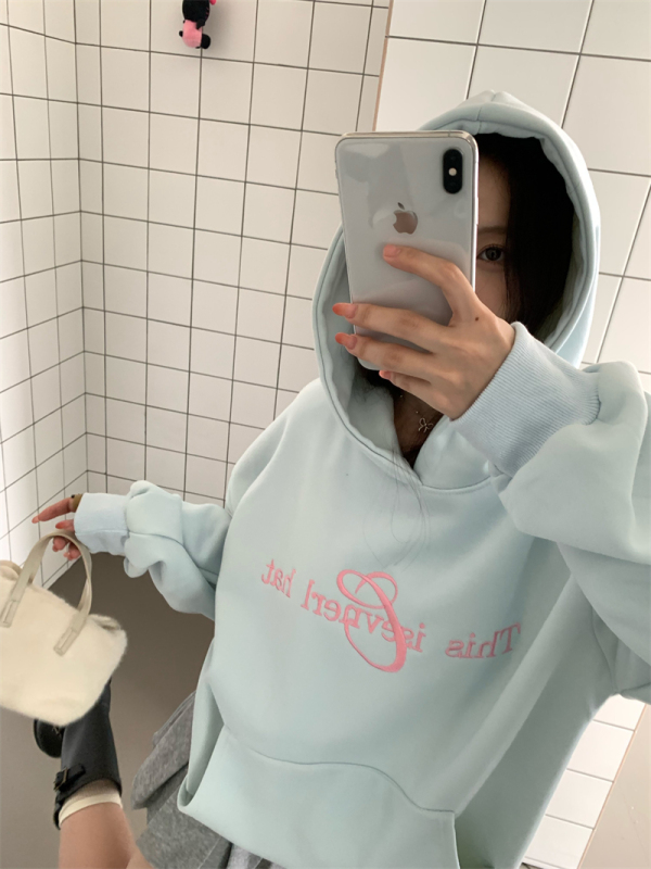 Korean girl's cute white blue bow embroidered loose velvet hooded sweatshirt