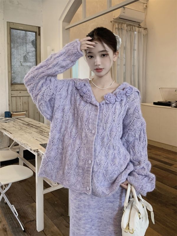 Gentle style three-dimensional flower knitted cardigan sweater for women with navy collar jacket + knitted skirt