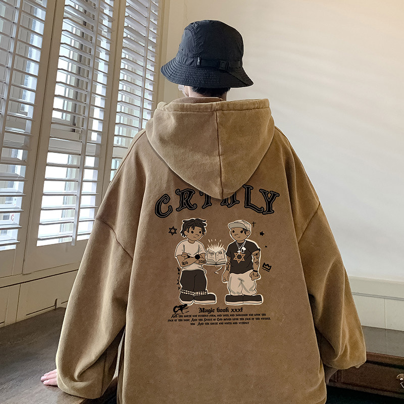 Velvet washed distressed loose hooded sweatshirtX