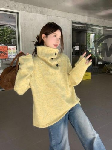 Lazy style large lapel design pullover turtleneck sweater for women autumn and winter irregular thickened sweater top