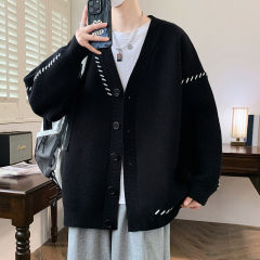 Hong Kong style American trendy brand niche brushed cardigan V-neck sweater knitted sweater for men