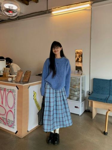Japanese sweet blue sweater woolen skirt two-piece set for women