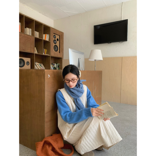 Autumn and winter quilted round-neck vest dress thickened and warm layered vest dress + stand-collar blue sweater suit