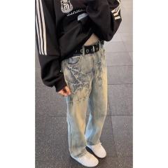 Lightning pattern jeans for men, autumn design, washed yellow mud-colored trousers, straight-leg bootcut trousers, online picture