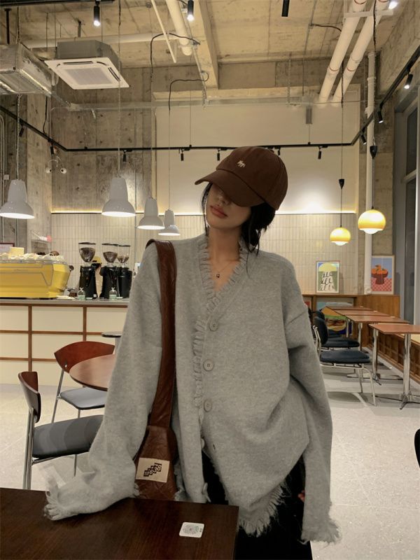 American style lazy style V-neck knitted cardigan sweater design versatile top
