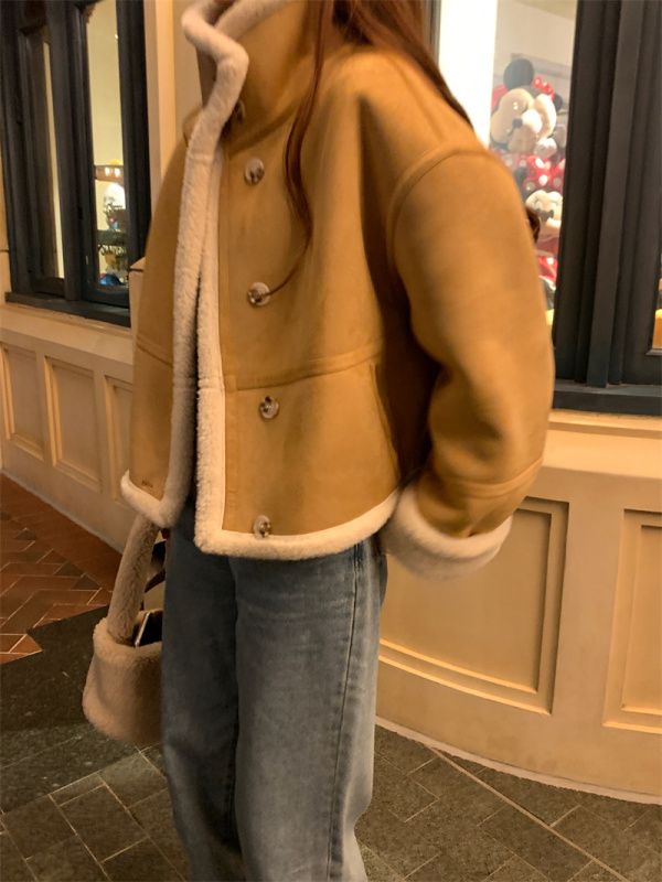 Reversible autumn and winter warm thickened suede one-piece lambswool jacket