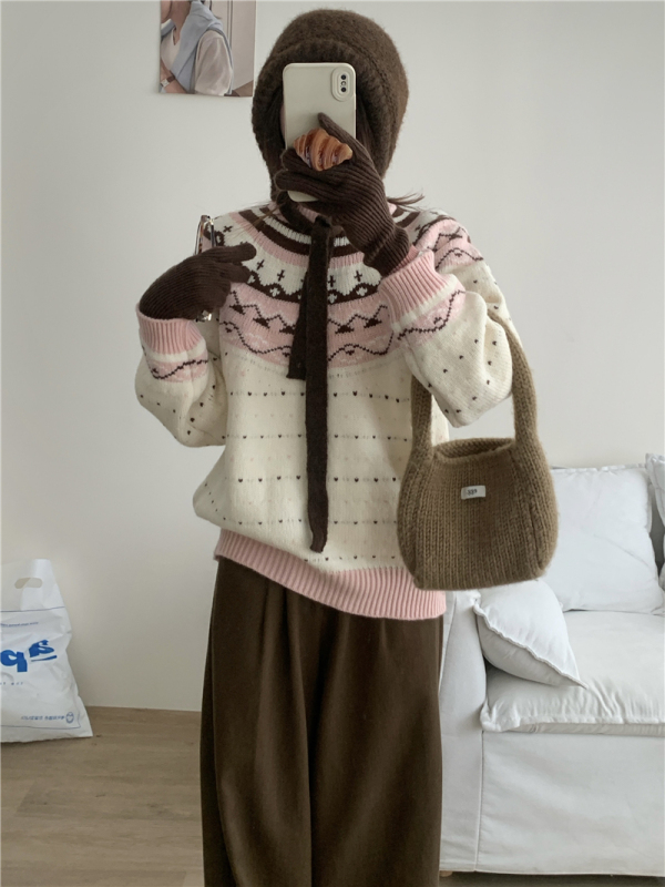 Japanese sweet soft waxy jacquard sweater pullover loose autumn and winter sweater top