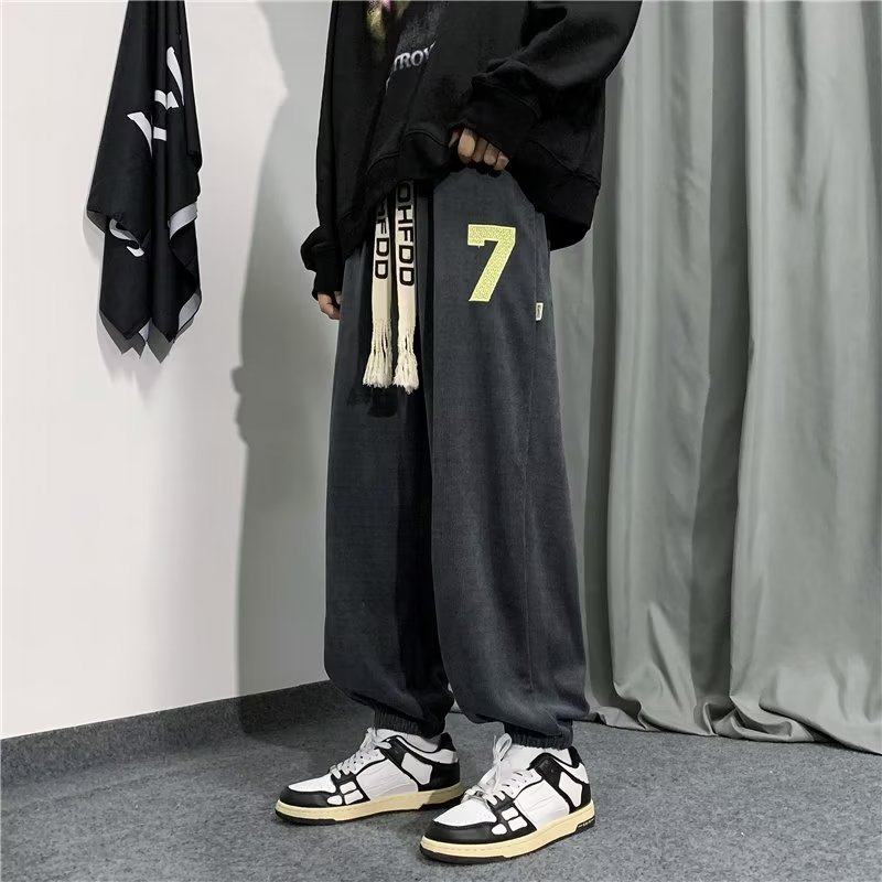 American trendy brand pants for men, thickened with velvet, loose drapey sports pants, large size casual pants with ankles