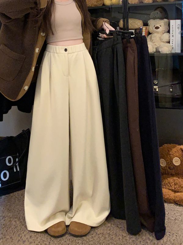 Thick cashmere casual pants, autumn and winter women's high-waisted straight pants, wide-leg pants, drapey floor-length pants