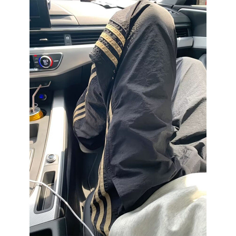 Trendy three-stripe quick-drying pants for men, summer American retro striped straight pants, versatile trousers