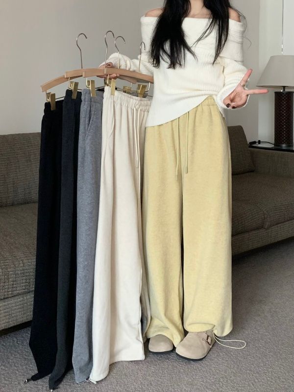 Velvet and thickened one-pants two-wear elastic waist drawstring leggings sports straight pants