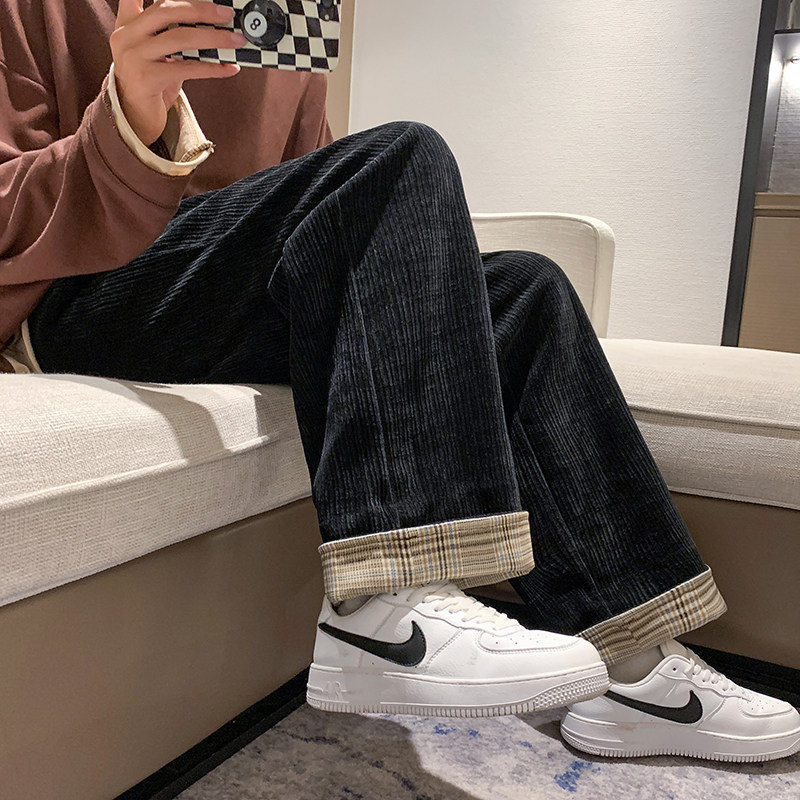 New winter men's Hong Kong style corduroy splicing plaid casual pants straight leg sweatpants black