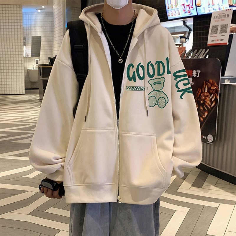 Hong Kong style Chinese trend bear zipper cardigan sweatshirt ancient loose casual hooded jacket