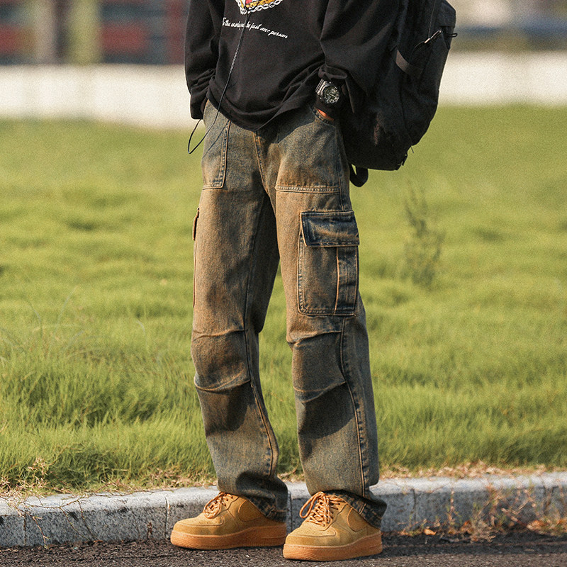 Work jeans men's autumn new American vibe style retro old loose straight high street wide leg pants