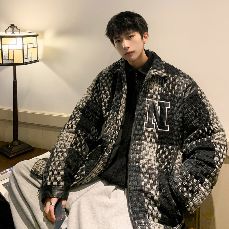 1 Hong Kong style hotel style PU leather splicing embroidery national fashion jacket style cotton coat for men