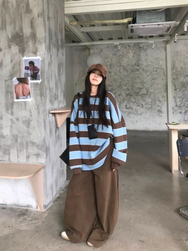 Classic Striped Color Block Sweater Loose + Lazy Style Loose Wide Leg Floor-Mopping Pants for Women