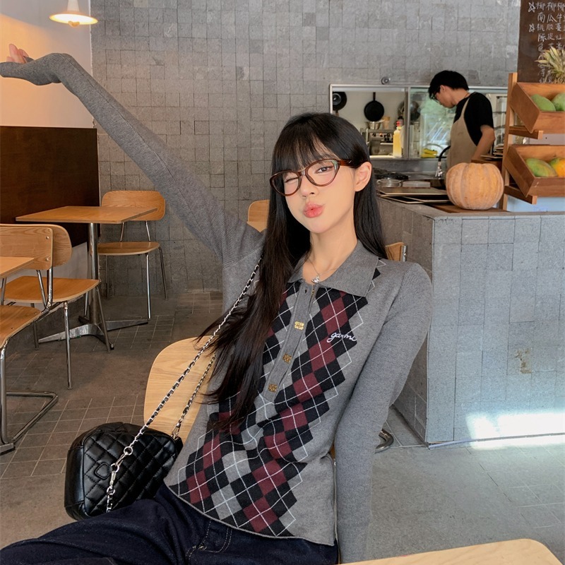 Ju Jingyi's same style gray diamond check sweater polo collar bottoming shirt slim sweater