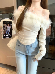 New pure desire furry one-shoulder women's off-shoulder long-sleeved bottoming shirt with inner top