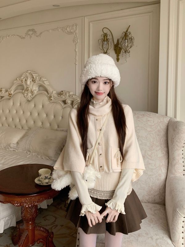Off-white short sweater autumn and winter design high collar three-quarter sleeve knitted jacket