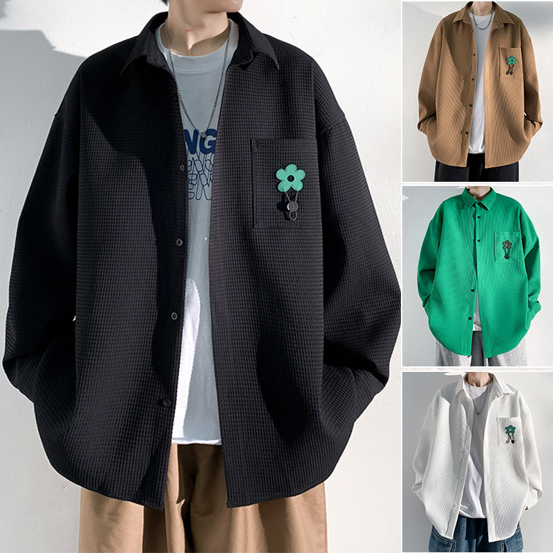 Autumn waffle long-sleeved shirt men's flower patch high-end trendy shirt jacket