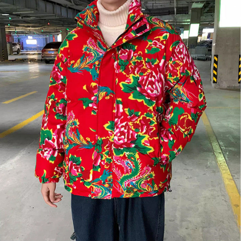 Northeast large flower cotton-padded coat Chinese style loose large cotton-padded jacket for men and women