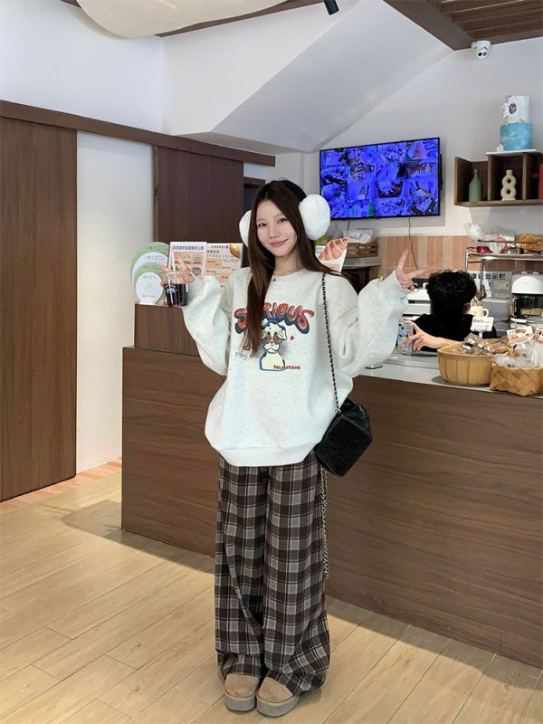 Vitality Girl Korean Chic Simple Printed Thickened Sweater Fleece Sweater Plaid Casual Pants