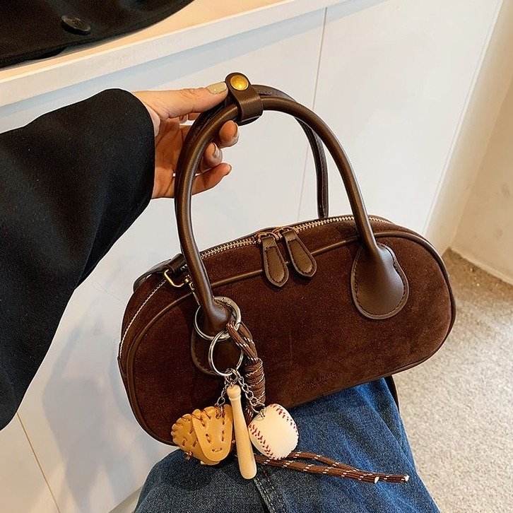 Frosted bowling bag for women 2024 high-end niche medieval handbag retro suede crossbody pillow bag
