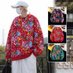 Round neck large floral sweatshirt plus size new Chinese Hanfu for men and women The team performed the trend of couples in hotels and hot pot restaurants