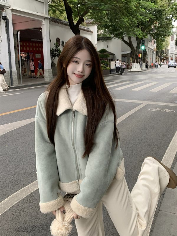Korean style lamb fur all-in-one thickened short jacket top